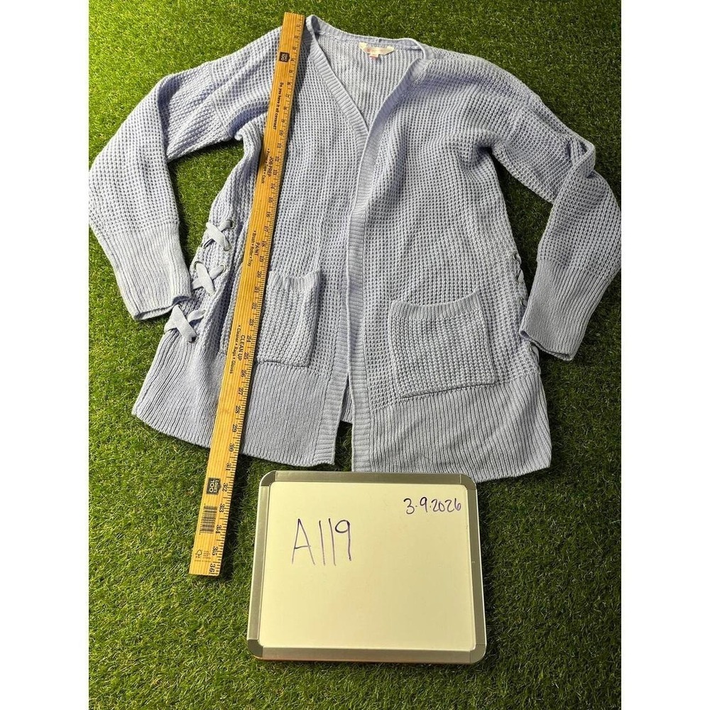 No Boundaries Light Blue‎ Knit Cardigan Sweater Size L  Open lace up Pockets